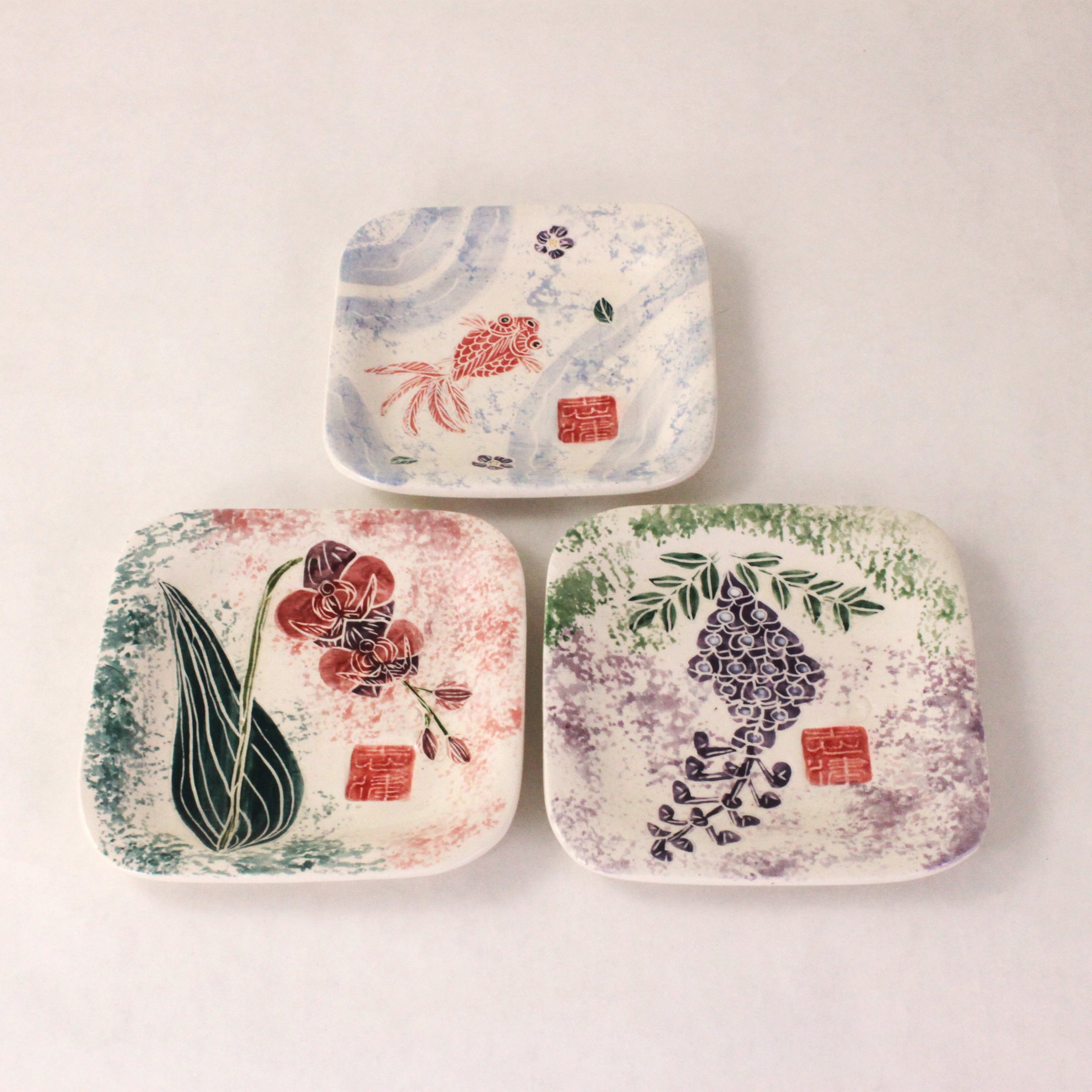 Small Square Dish Set of 3 Goldfish Orchid and Wisteria